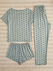 Polka Dot Print Pajamas Set Short Sleeve Crew Neck Top & Shorts & Pants