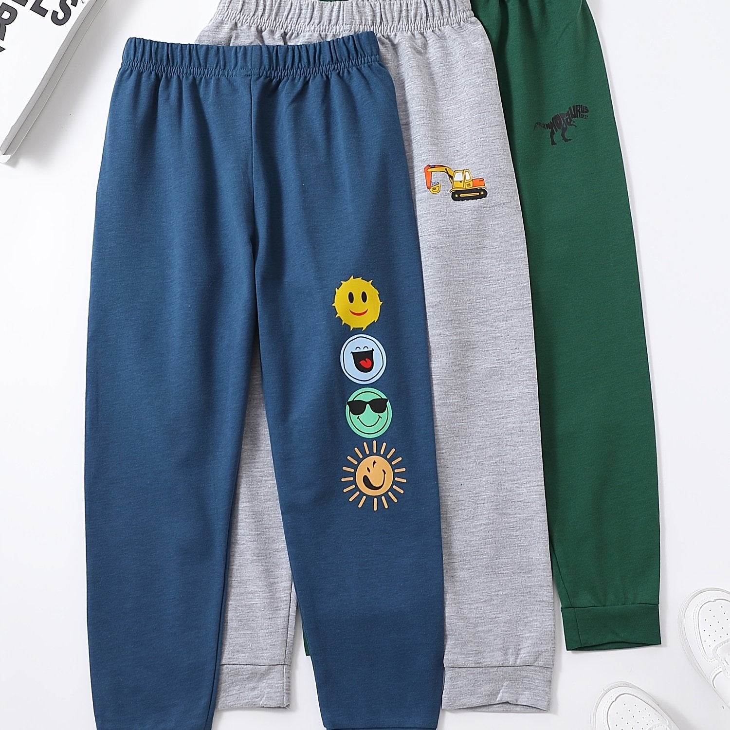 Boys Cartoon Sweatpants Set with Sun Car and Dinosaur Print