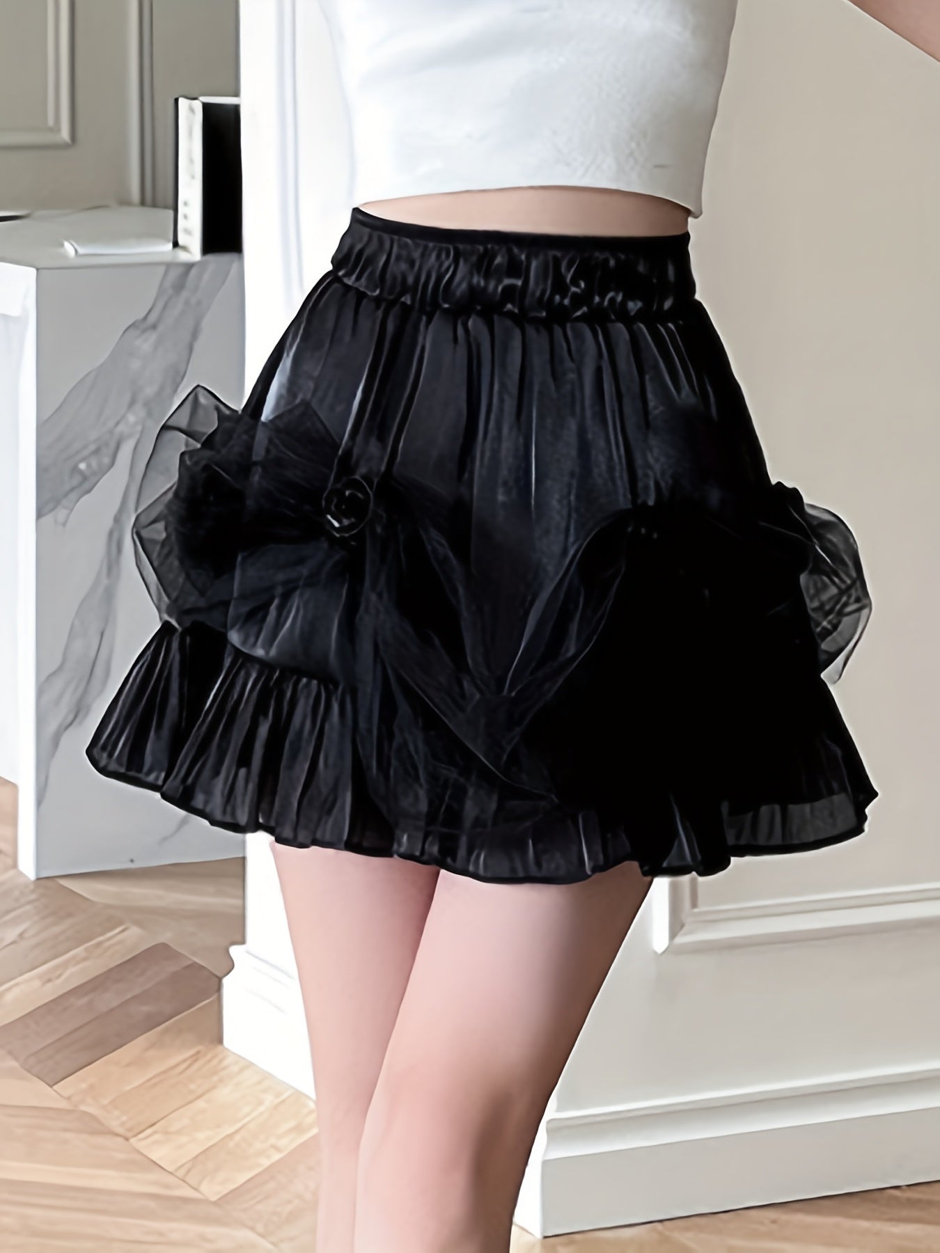Rose Mesh Elastic High Waisted Ruffle Trim Party Skirt