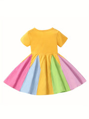 Girls Rainbow Block Short Sleeves Round Neck Cotton Casual Princess Dress