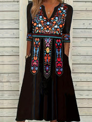 Boho Dress Women's Plus Notched Neck Tribal Print Three Quarter Sleeve