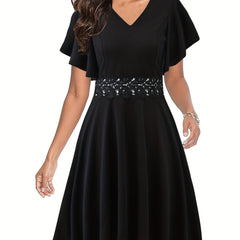 Lace Solid Dress Ruffle Sleeve V Neck Dress Women's Clothing