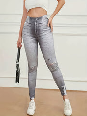 Denim Print Skinny Ripped Leggings for Women