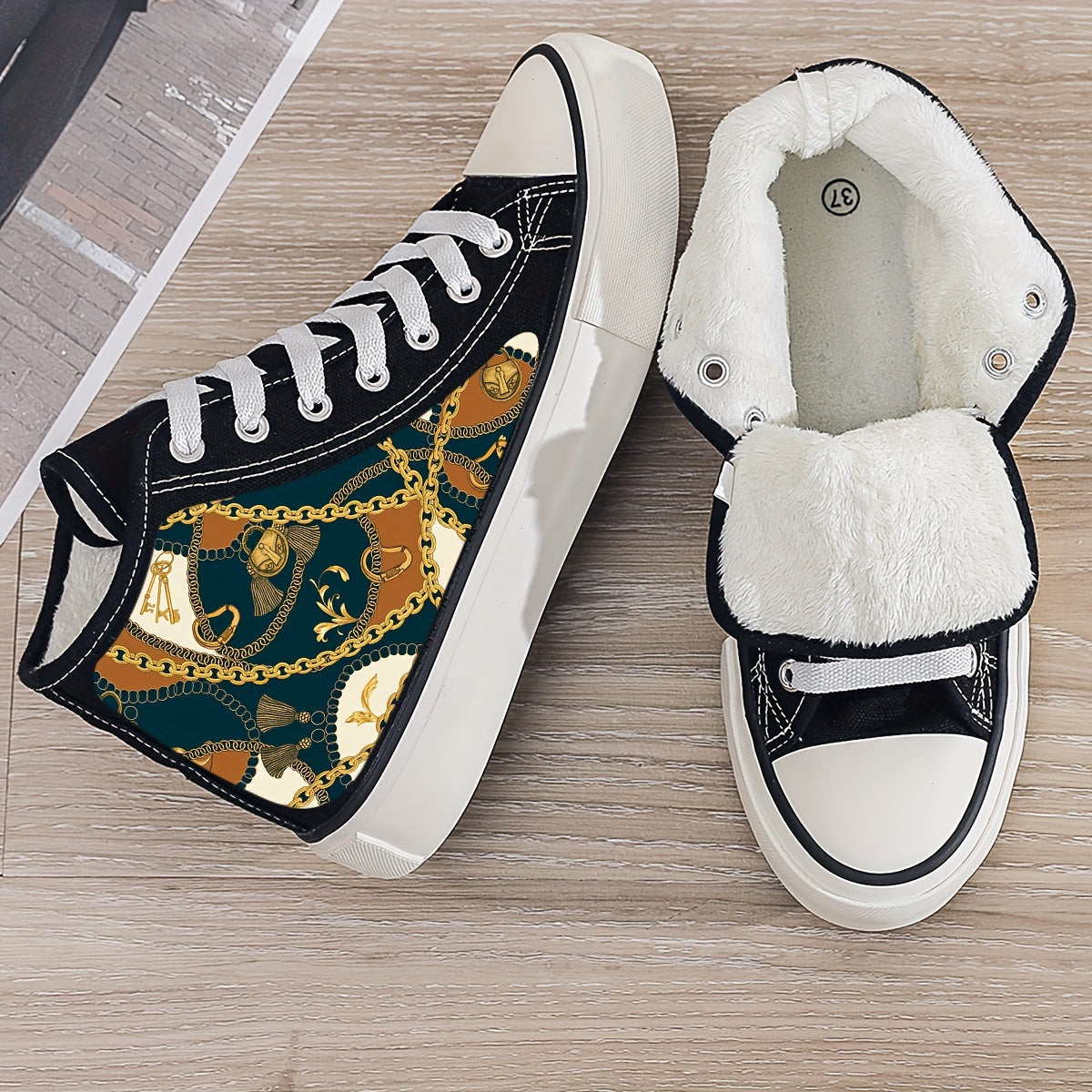 Retro Chain Print Plush Lined Thermal Chunky Canvas Sneakers