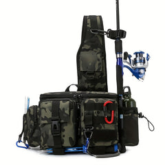 Portable Fishing Tackle Bag with Rod Holder 600D Nylon Sling Pack