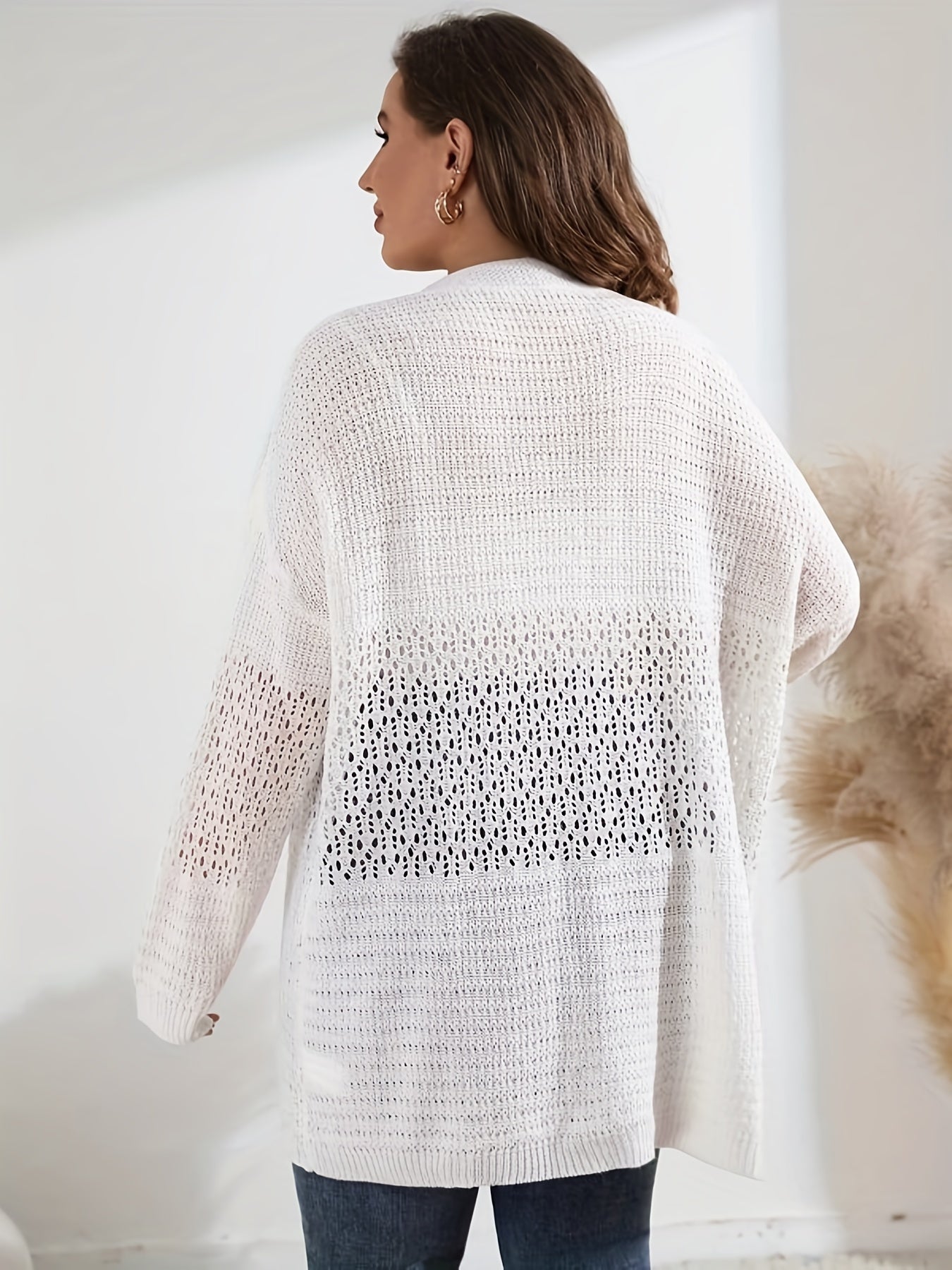 Women's Plain Pointelle Long Sleeve Open Front Knit Cardigan