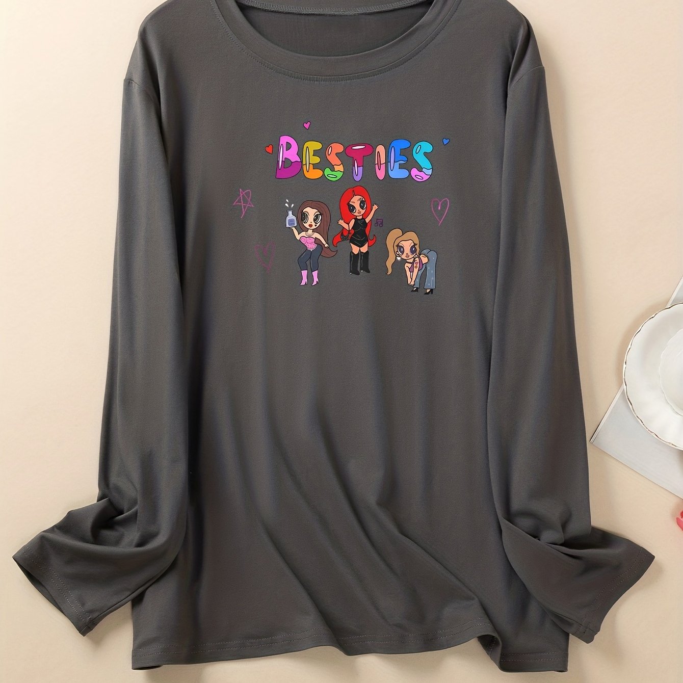 Women's Letter & Cartoon Print Long Sleeve Top