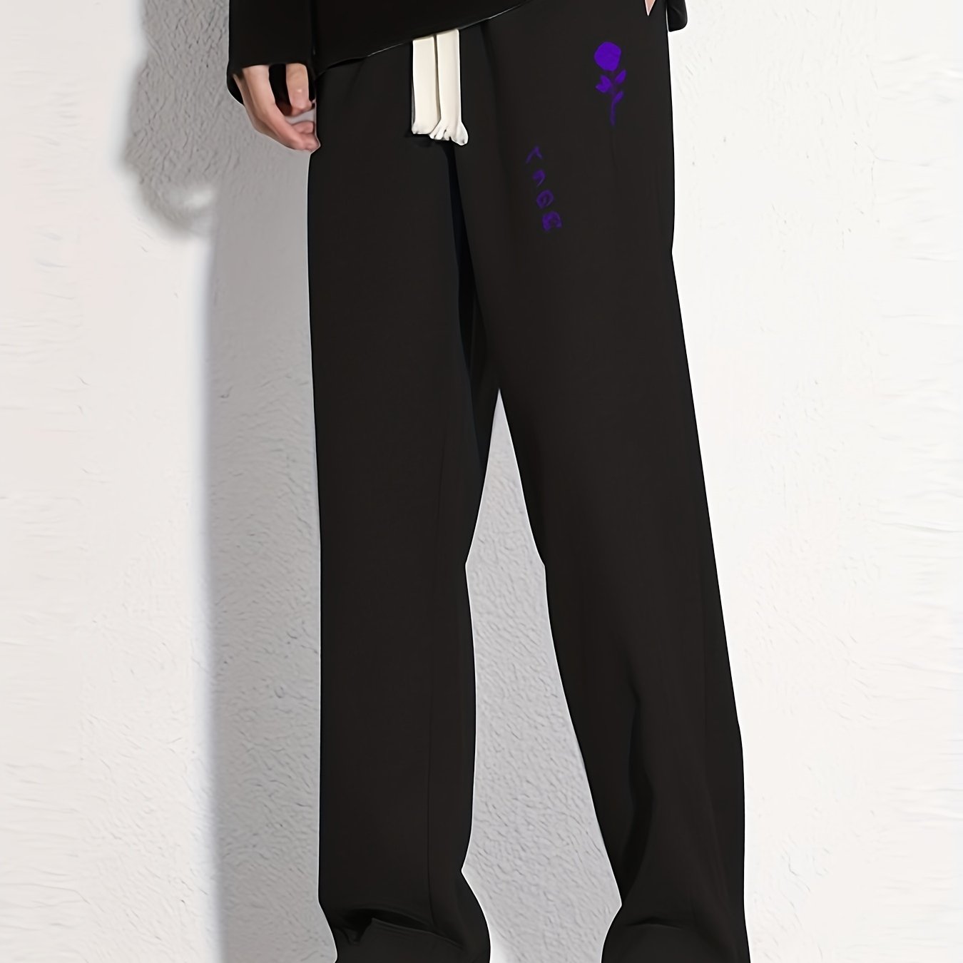 Rose Cotton Sweatpants Men's Casual Solid Loose Fit Drawstring