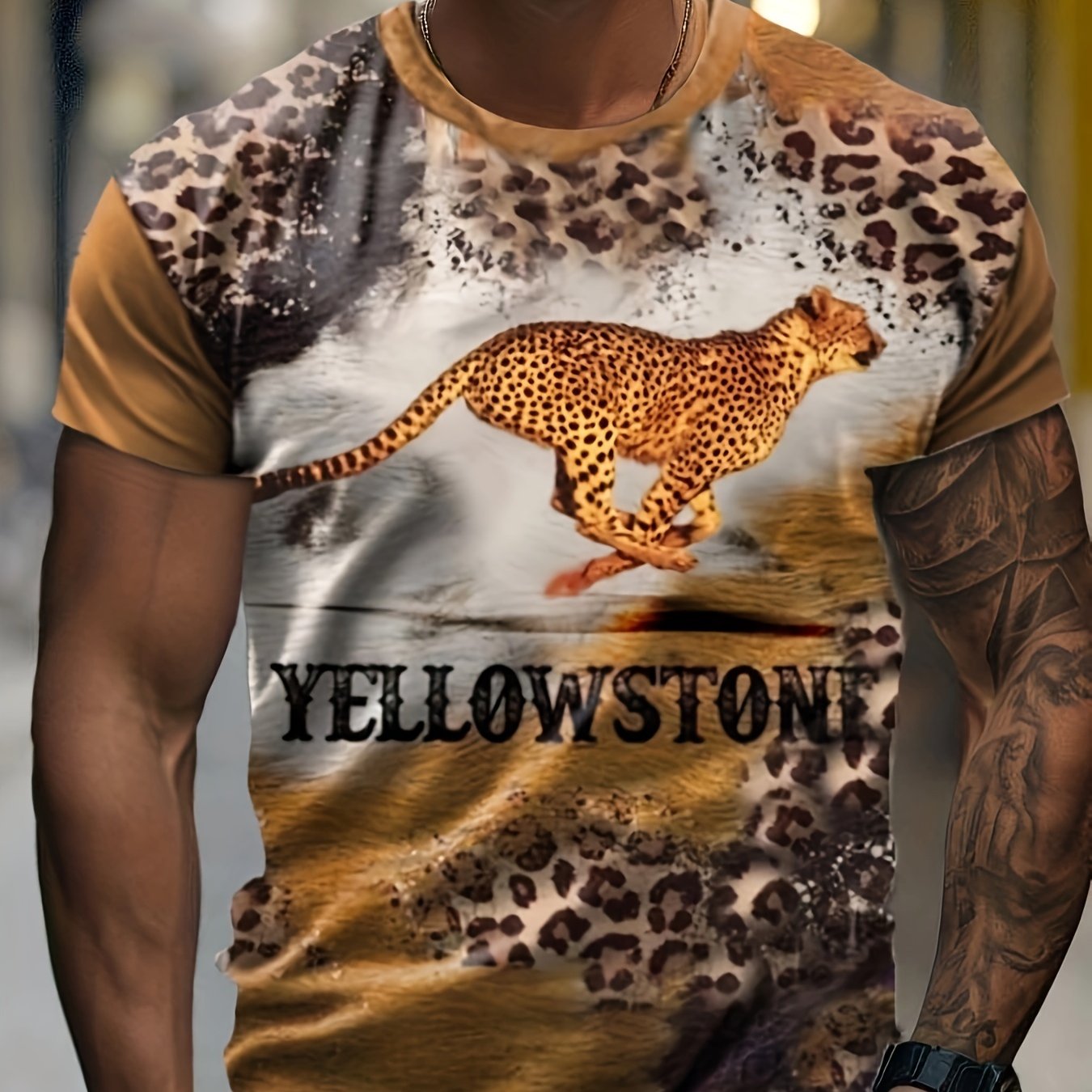 Men's Leopard Print Sports T-shirt Round Neck Tee Shirt