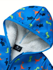 Kid's Dinosaur Print Fleece Jacket Hooded Coat