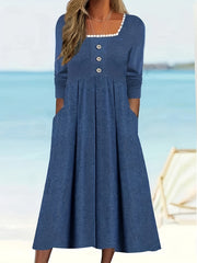 Colorblock Lace Trim Long Sleeve Round Neck Dress With Pockets
