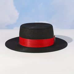 M Label Strap Sun Hat Flat Top Straw Jazz Hat British Style Vintage