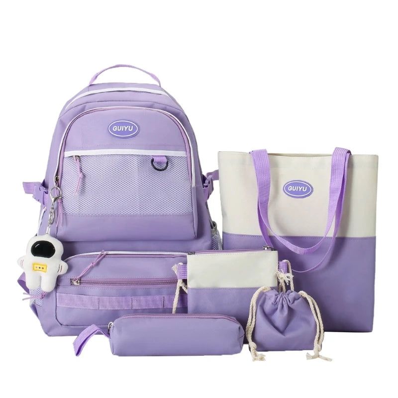 5pcs Backpack with Pendant for Teenagers Student Shoulder Bag Handbag