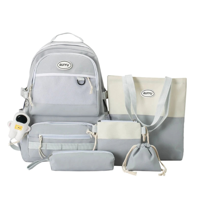 5pcs Backpack with Pendant for Teenagers Student Shoulder Bag Handbag