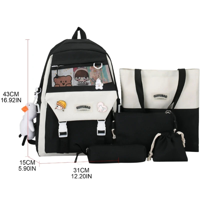 5pcs Backpack Shoulder Bag Handbag Pencil Case Drawstring Bags School Bookbag