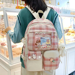 5pcs Plaid Backpack School Bookbags Handbag Shoulder Drawstring Bag