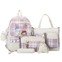 5pcs Plaid Backpack School Student Bookbags Drawstring Bag Pencil Case Set