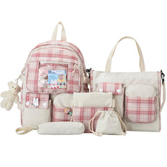 5pcs Plaid Backpack School Student Bookbags Drawstring Bag Pencil Case Set