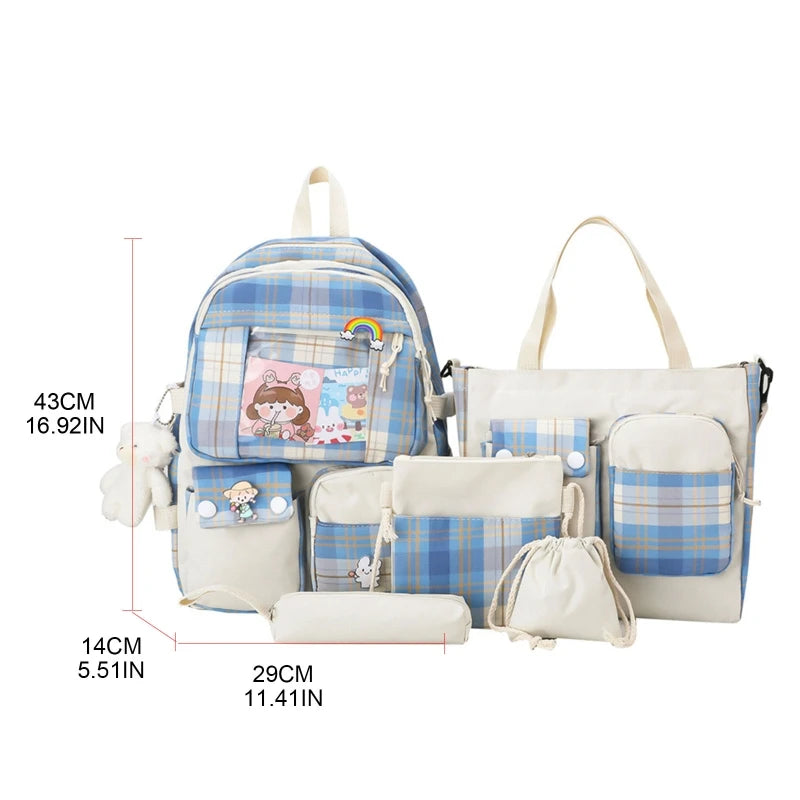 5pcs Plaid Backpack School Student Bookbags Drawstring Bag Pencil Case Set