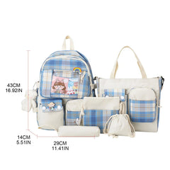 5pcs Plaid Backpack School Student Bookbags Drawstring Bag Pencil Case Set