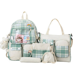 5pcs Plaid Backpack School Student Bookbags Drawstring Bag Pencil Case Set