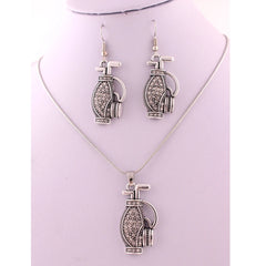 Antique Silver Golf Bag Necklace Earring Set with Crystals
