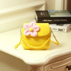 Girls Plush Crossbody Bag Bead Chain Flower Princess Handbag Purse