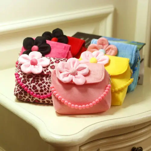 Girls Plush Crossbody Bag Bead Chain Flower Princess Handbag Purse
