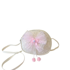Little Girls Sequin Bow Messenger Bag with Pearl Pendant Zipper