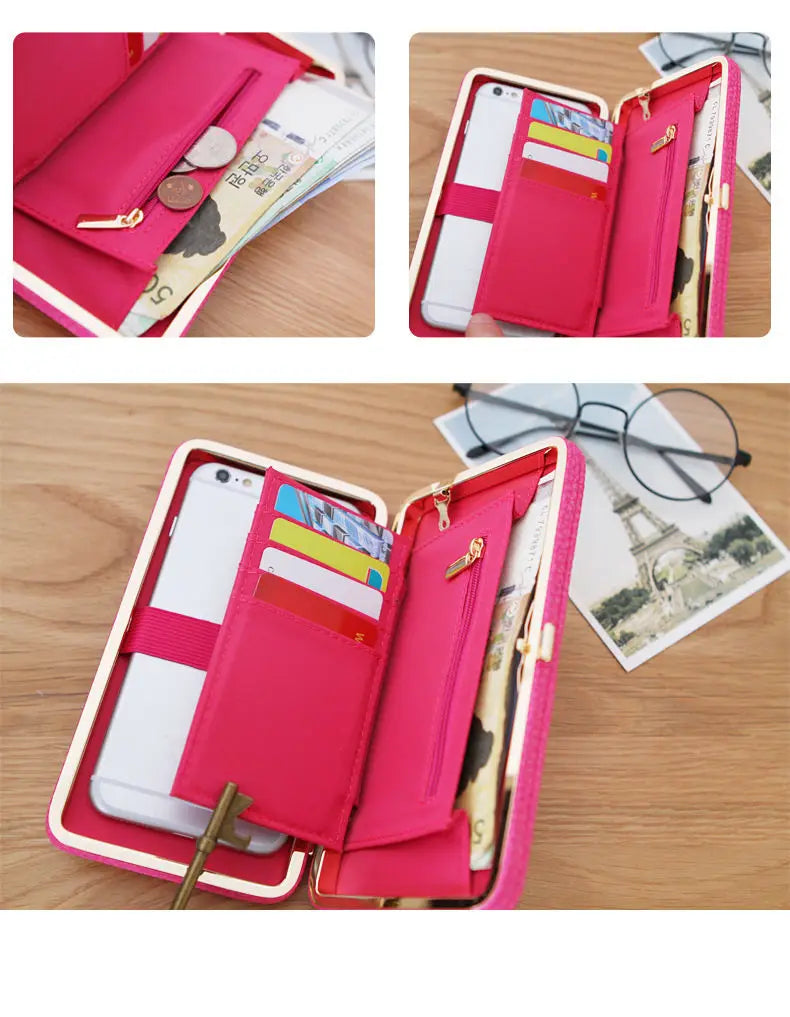 Women Long Wallet Metal Buckle Clutch Bowknot PU Purse Wristlet