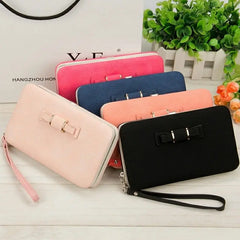 Women Long Wallet Metal Buckle Clutch Bowknot PU Purse Wristlet