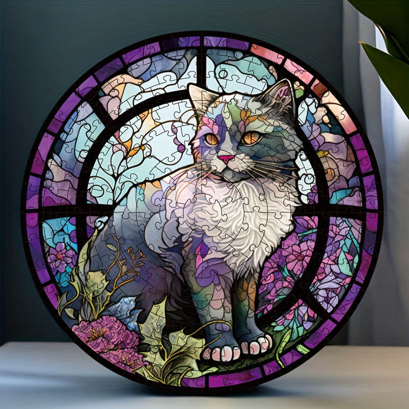 168pcs Round Jigsaw Puzzle for Adults - Cat & Floral Design - 14 Inches