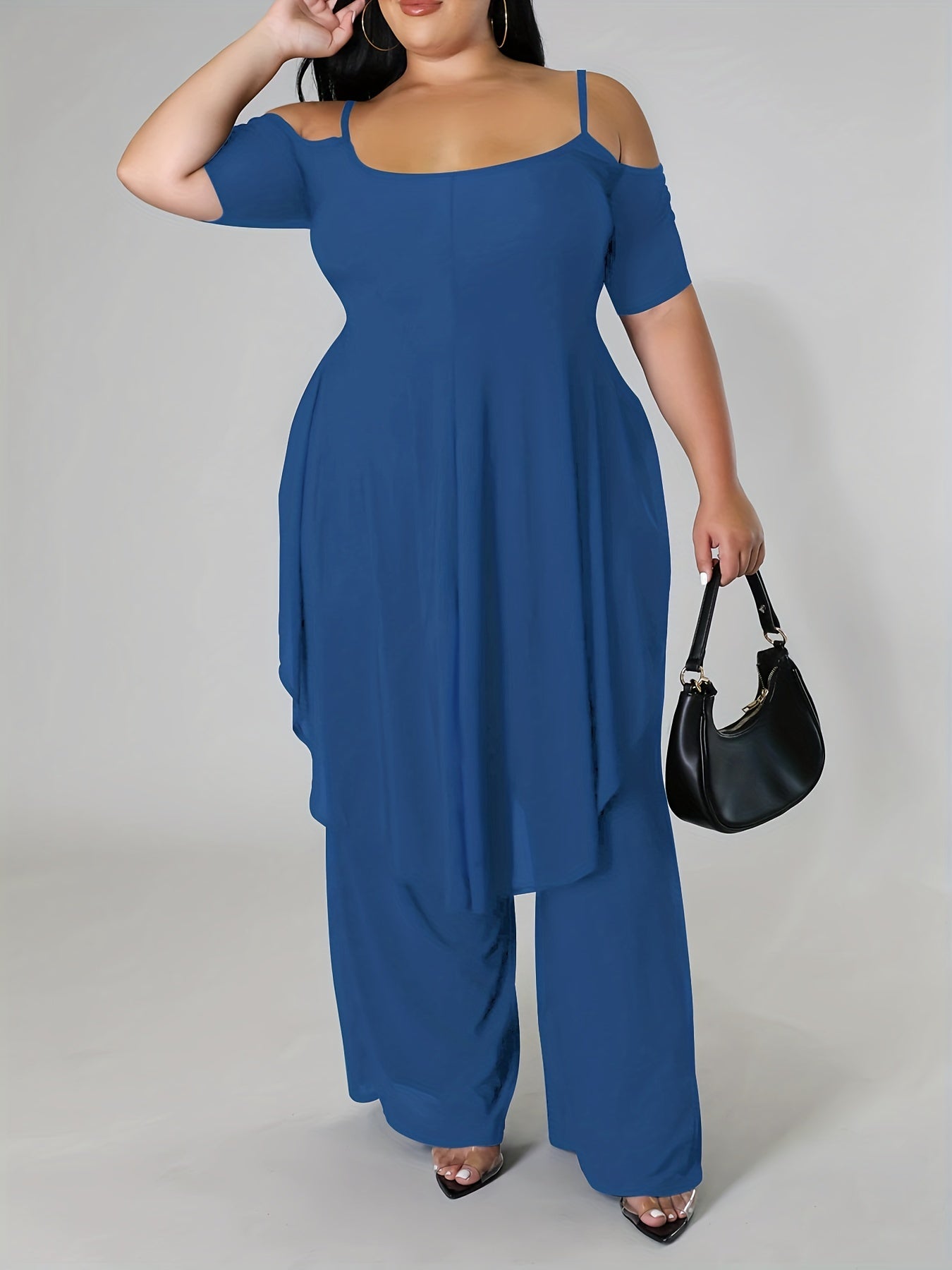 Cold Shoulder Top & Wide Leg Pants Set Plus Size 2pcs Set
