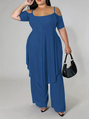 Cold Shoulder Top & Wide Leg Pants Set Plus Size 2pcs Set