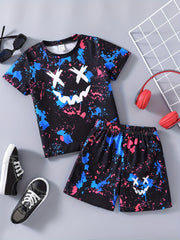 Boys Graffiti & Smile Face Print T-shirt & Shorts Set