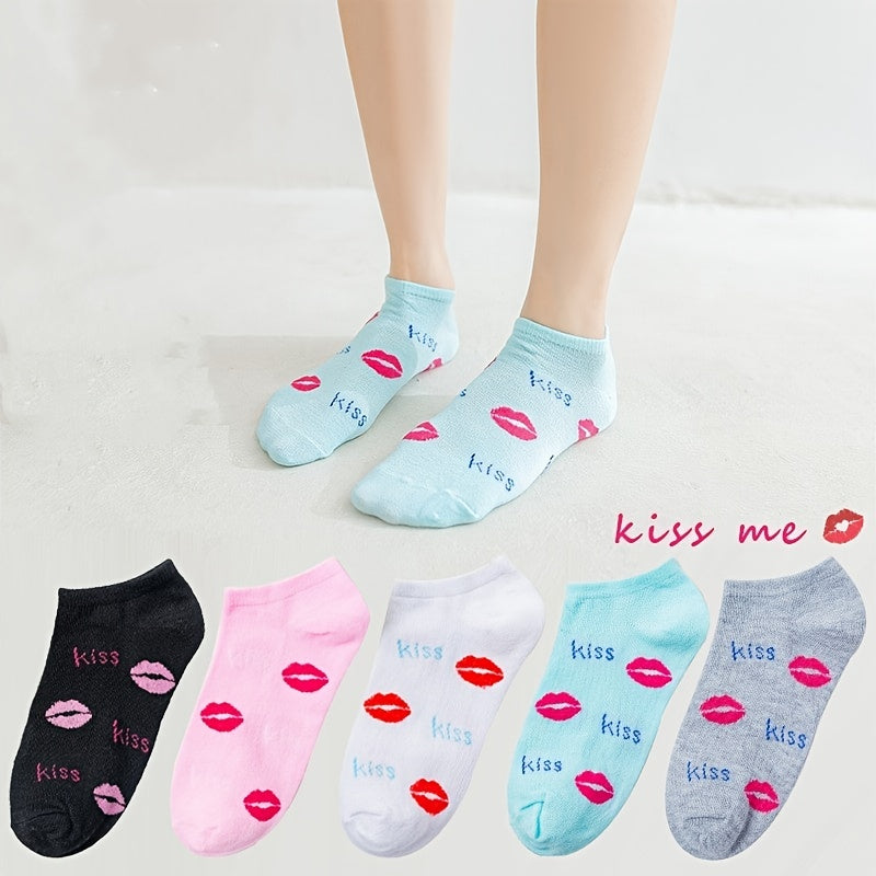 5 Pairs Red Lip Pattern Low Cut Ankle Socks Women's Stockings