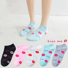 5 Pairs Red Lip Pattern Low Cut Ankle Socks Women's Stockings