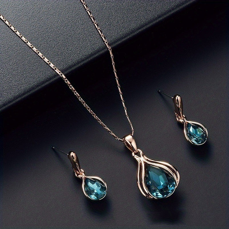 Water Drop Shape Green/Crystal Pendant Necklace Earrings Set