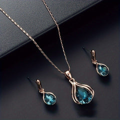 Water Drop Shape Green/Crystal Pendant Necklace Earrings Set