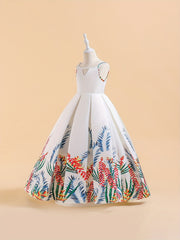 Girls Tropical Print Cut Out Pleated Party Dress Suspenders Printed Long Skirt