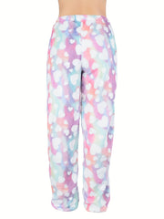 Heart Print Fuzzy Lounge Pants Lace Up Comfy Warm Womens Loungewear & Sleepwear