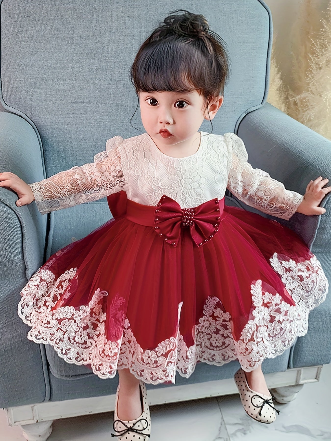 Bow Princess Gown Dress Girls Long Sleeve Lace Floral Stitching One Year's Dress