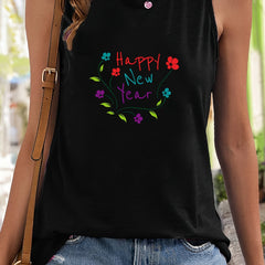 Floral & Letter Print Sleeveless Sports Vest Stretchy Casual Tops