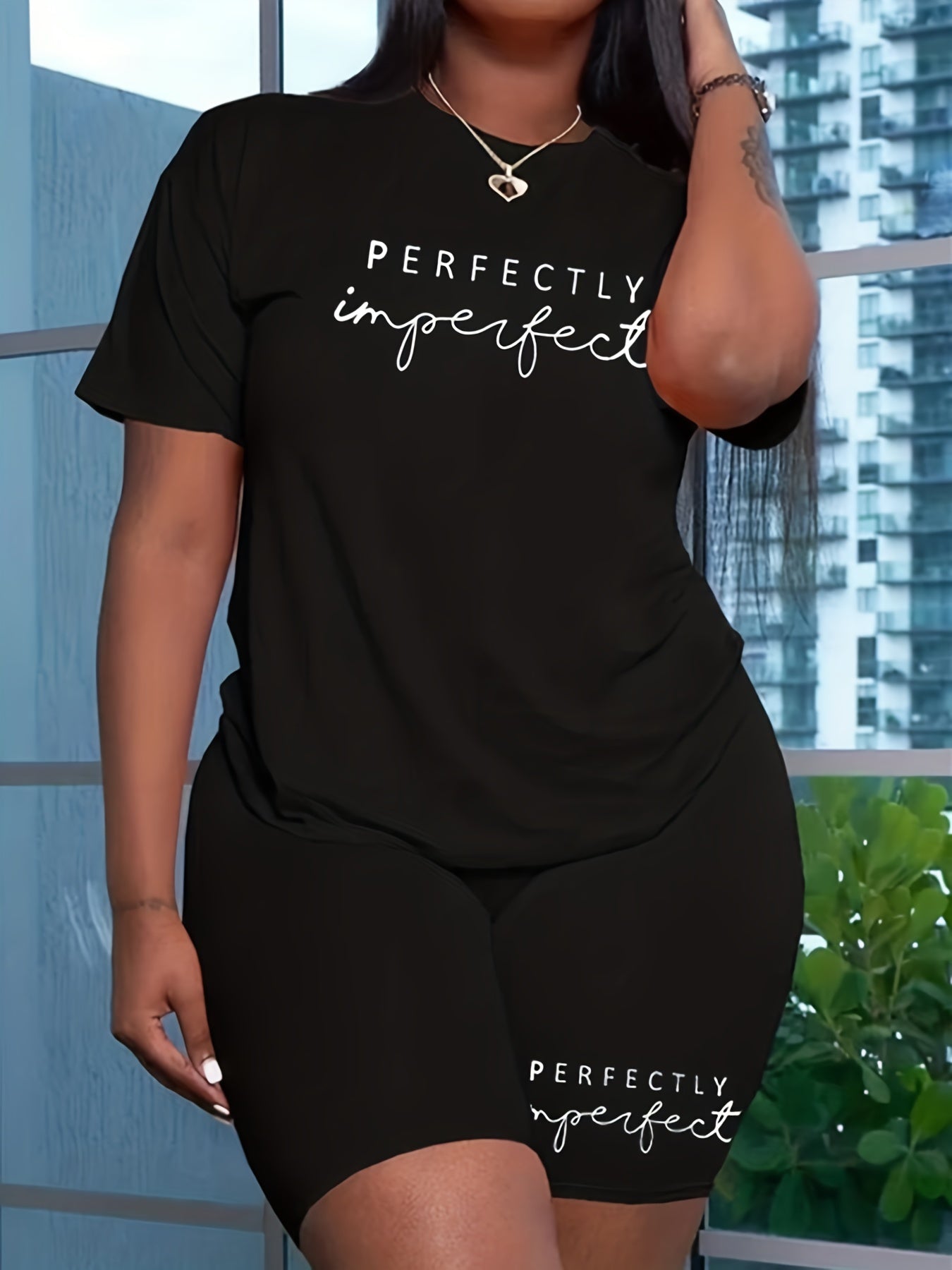 Letter Print Matching Two piece Set Casual Short Sleeve T shirt & Skinny Shorts