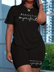 Letter Print Matching Two piece Set Casual Short Sleeve T shirt & Skinny Shorts