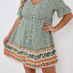 Floral & Paisley Print Short Sleeve Mini Dress Women's Plus V Neck Casual Dress