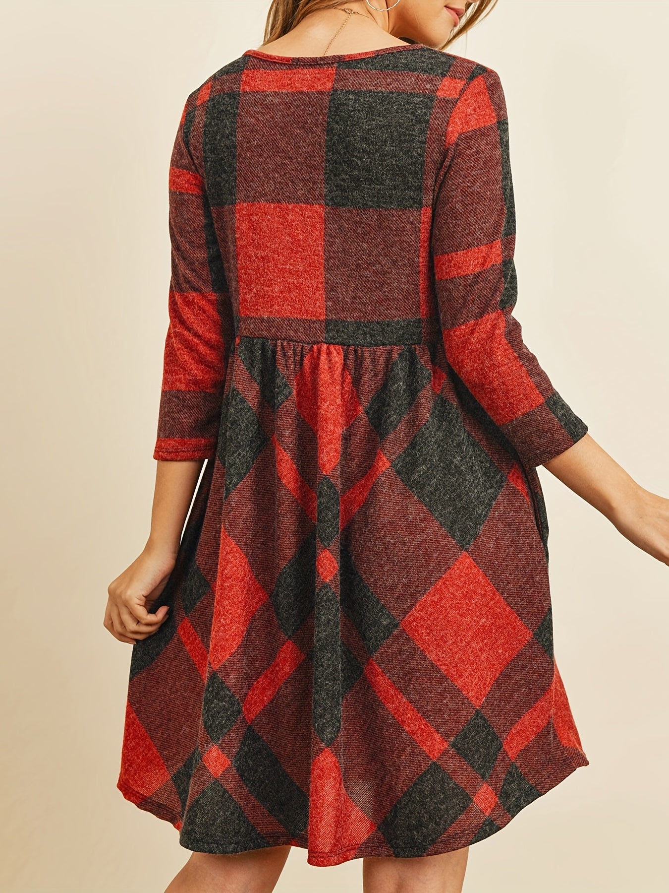 Plaid Print 3 4 Sleeve Dress Casual Vintage Crew Neck Dress Women's Clothing