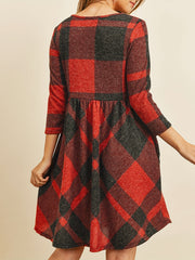Plaid Print 3 4 Sleeve Dress Casual Vintage Crew Neck Dress Women's Clothing