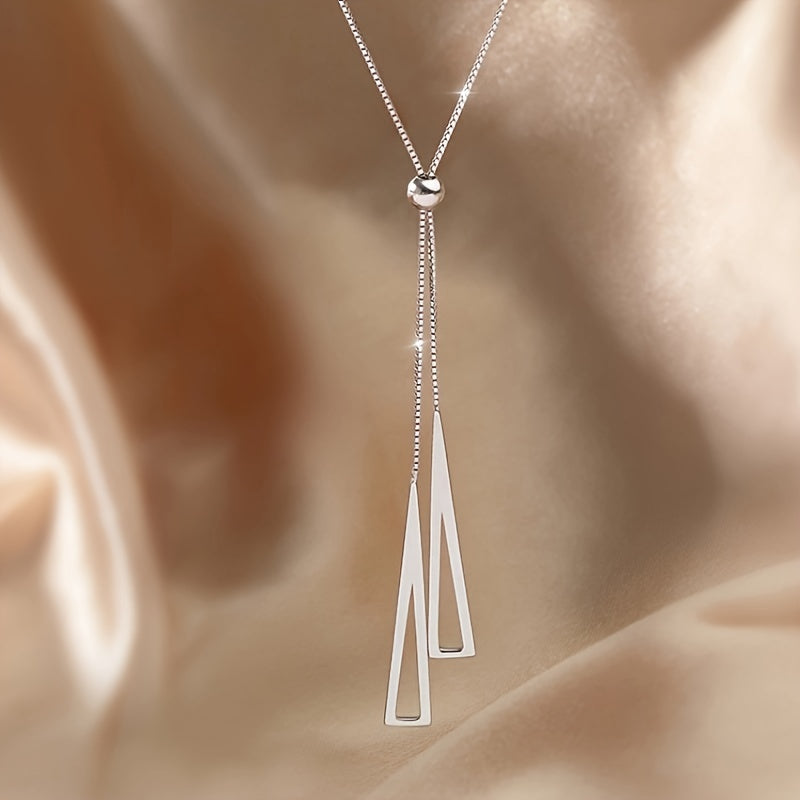 Triangle Geometry Necklace & Tassel Earrings Set with Silvery Chain