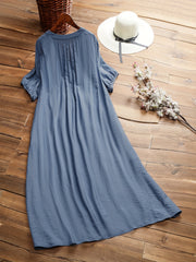 Contrast Lace Panel Short Sleeve Pleated Dress With Pockets